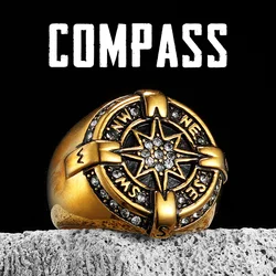 Luxury Compass Rhinestone Men Rings Stainless Steel Women Jewelry Viking Punk Rock Cool Stuff Fashion Accessories Gift Wholesale