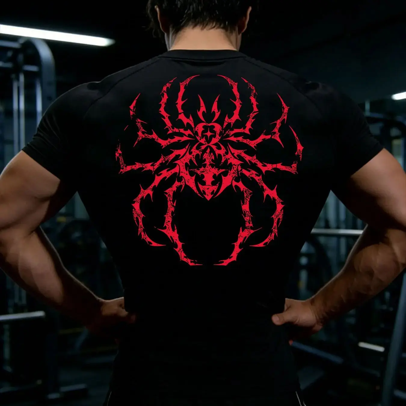 Slim Fit Kompressions-T-Shirt für Herren, Gothic Y2K Spinnen-Grafik, Schnelltrocknend, Fitness-Oberteil, Athletisches Bodybuilding-Trainingsshirt