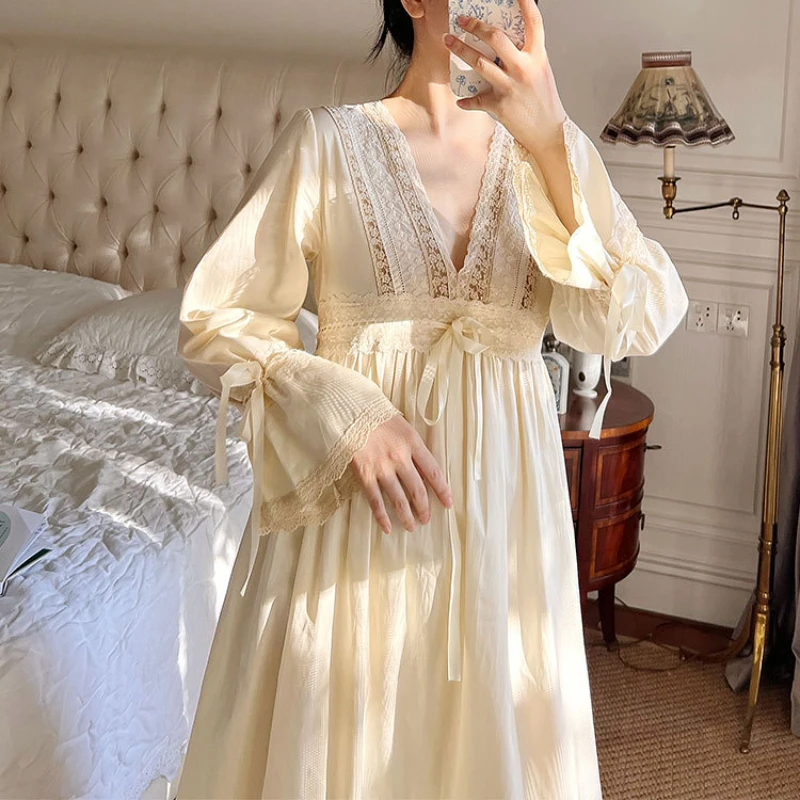 Pure Cotton Vintage Nightgowns Women Autumn Apricot Long Robe Nightie Night Dress Wear Victorian Nightdress Princess Sleepwear