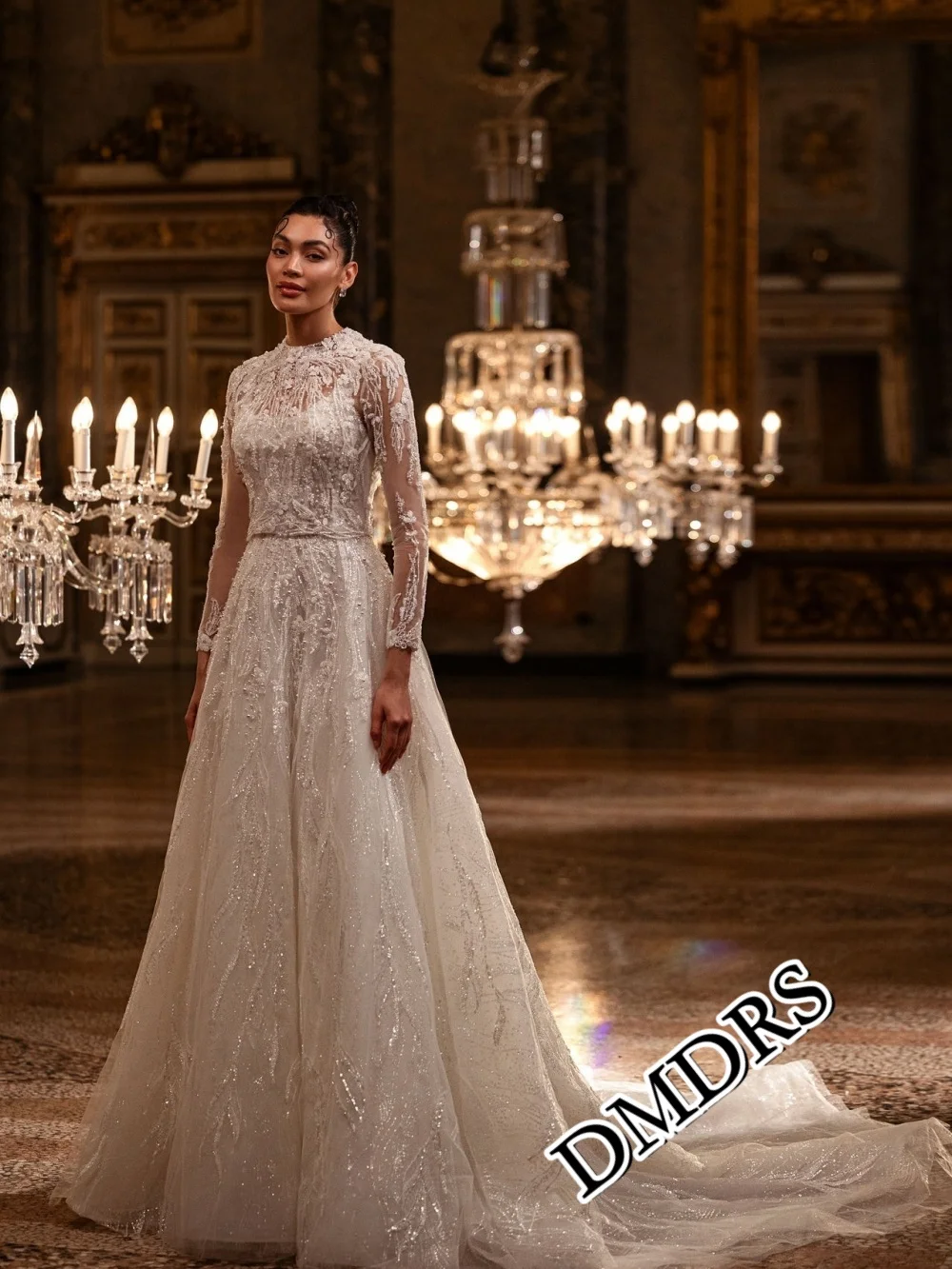

DMDRS Elegant Long-Sleeved Wedding Dress Popular 3D Floral Bridal Gowns Charming Appliquéd Floor-Length Wedding Gowns Vestidos D