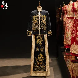 New Groom Vintage Loose Cheongsam Traditional Chinese Wedding Gown Satin Qipao Embroidery Dragon Costume Vestido Oriental Mens