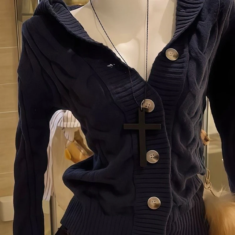 Damski kardigan z kapturem, dzianinowy, zapinany na guziki, z długim rękawem, sweter na wiosnę i jesień, luźny, w stylu lazy preppy, Harajuku Y2K, płaszcz.