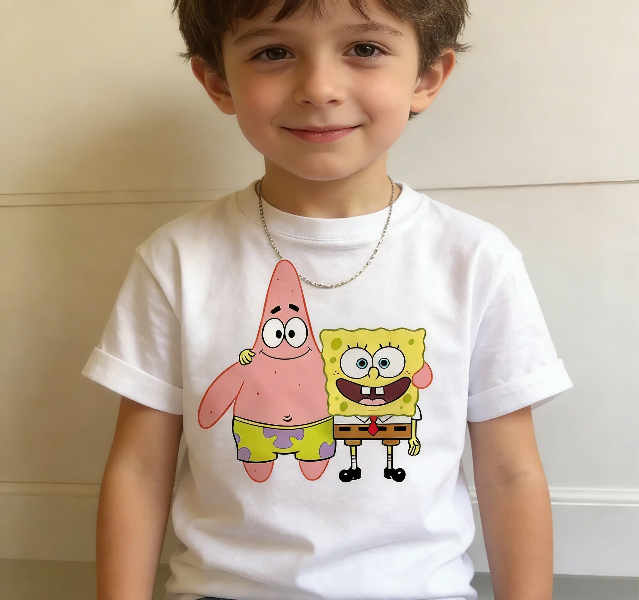Summer SpongeBob print children's Y2K T-shirt casual plus size men's and women's T-shirt top, fade resistant, children's gift