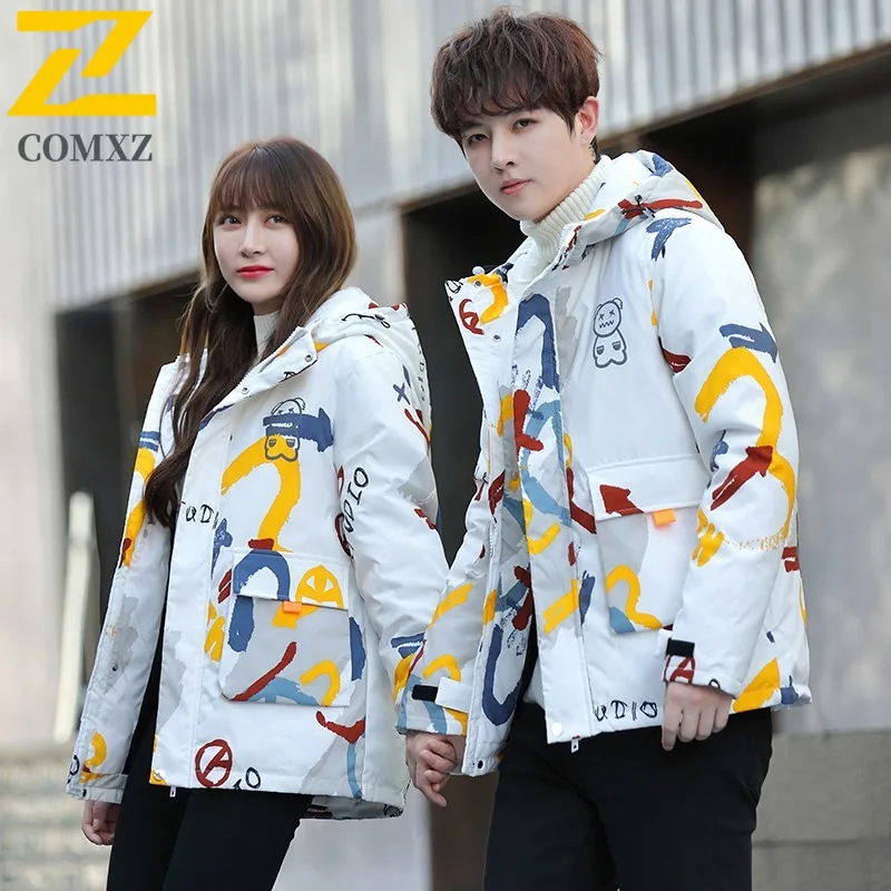 COMXZ 2025 ​Men Graffiti  Jacket Winter Thermal Puffer Windproof Korean Style Loose Fit Streetwear Parka Detachable Hood​ Coat