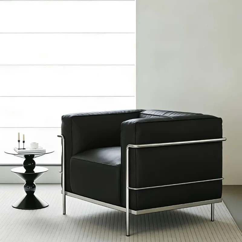 Single sofa chair light luxury high sense, living room leather stainless steel leisure chair