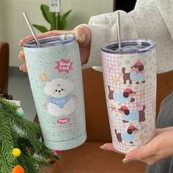 Kawaii Puppy Thermos Bottle Tumbler 550ml Cute Portable Tea Coffee Mug Stainless Steel Thermal Cup With Straw Girl Water Bottle