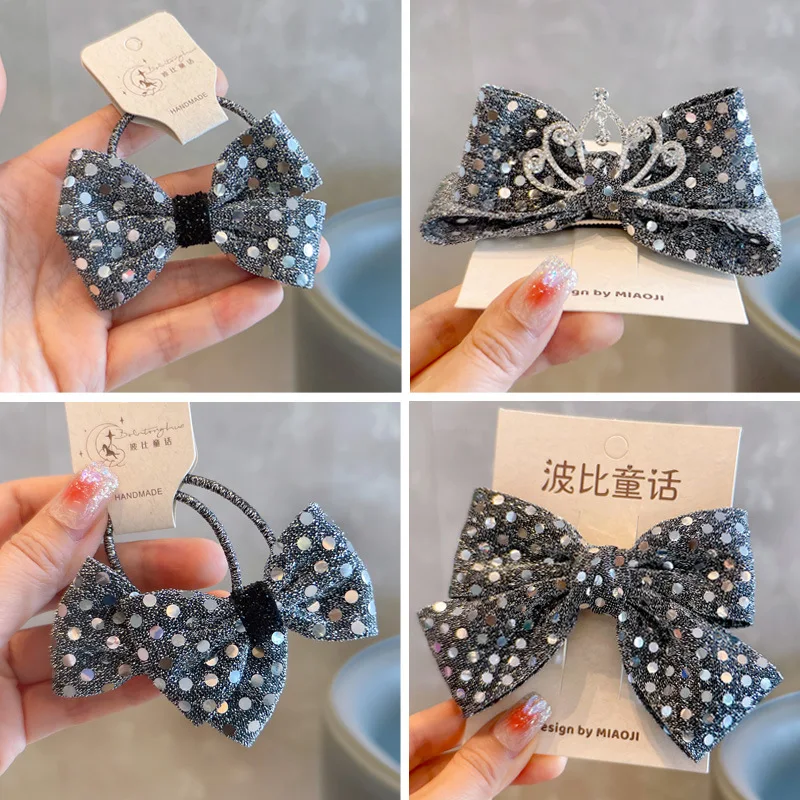 

Серые заколки для волос с пайетками и бантом, кольца для волос для девочек, корона со стразами, милые аксессуары для волос для детей на день рождения, для выступлений, на каждый день
