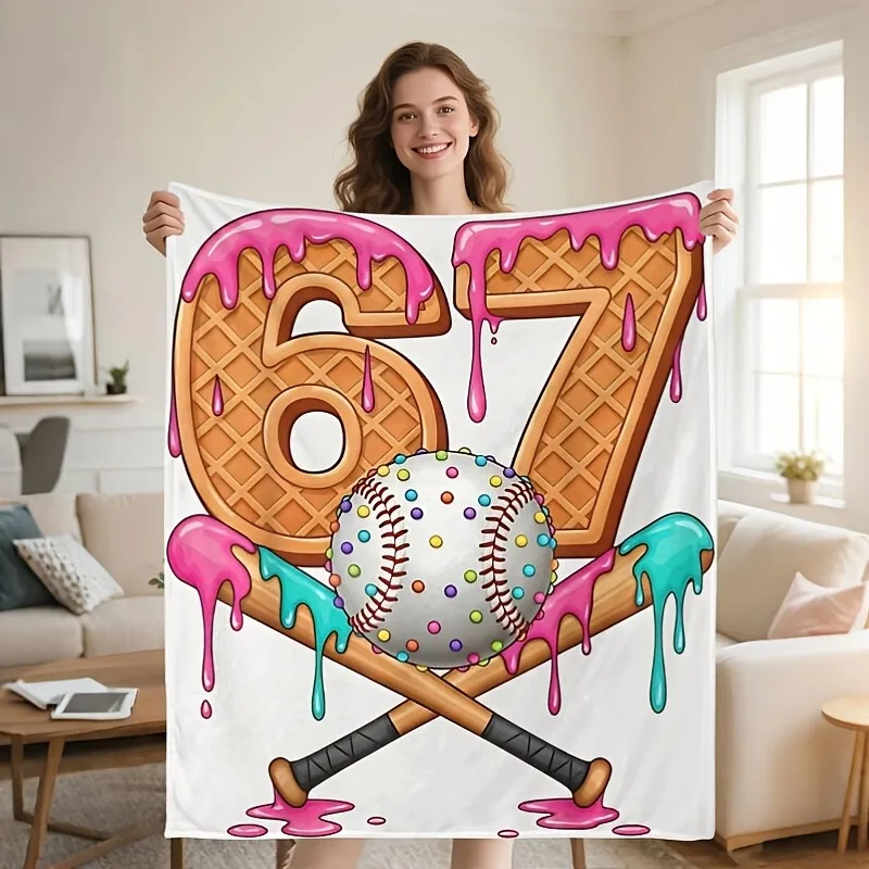 Baseball 67, Waffel-Flanelldecke, buntes Tropfmuster, dekorativer Überwurf für Sofa, Bett, Wohnzimmer, Heimdekoration, sportliche Atmosphäre