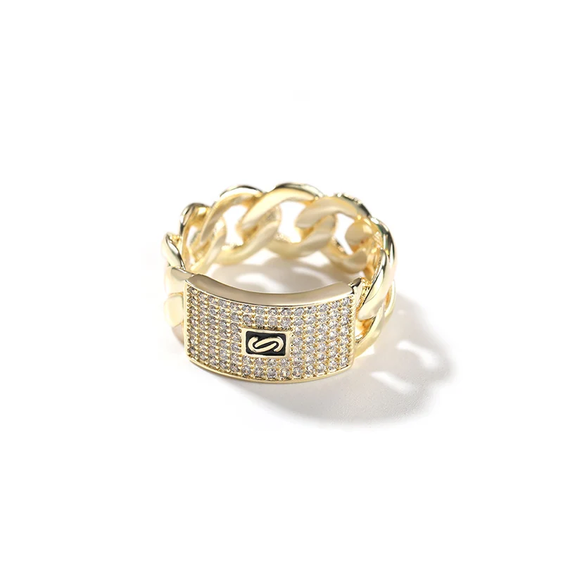 Hip Hop Rapper 5A+ CZ Stone Paved Bling Ice Out Cuban Chain Logo Finger Rings for Men Jewelry Gold Color Drop Shipping
