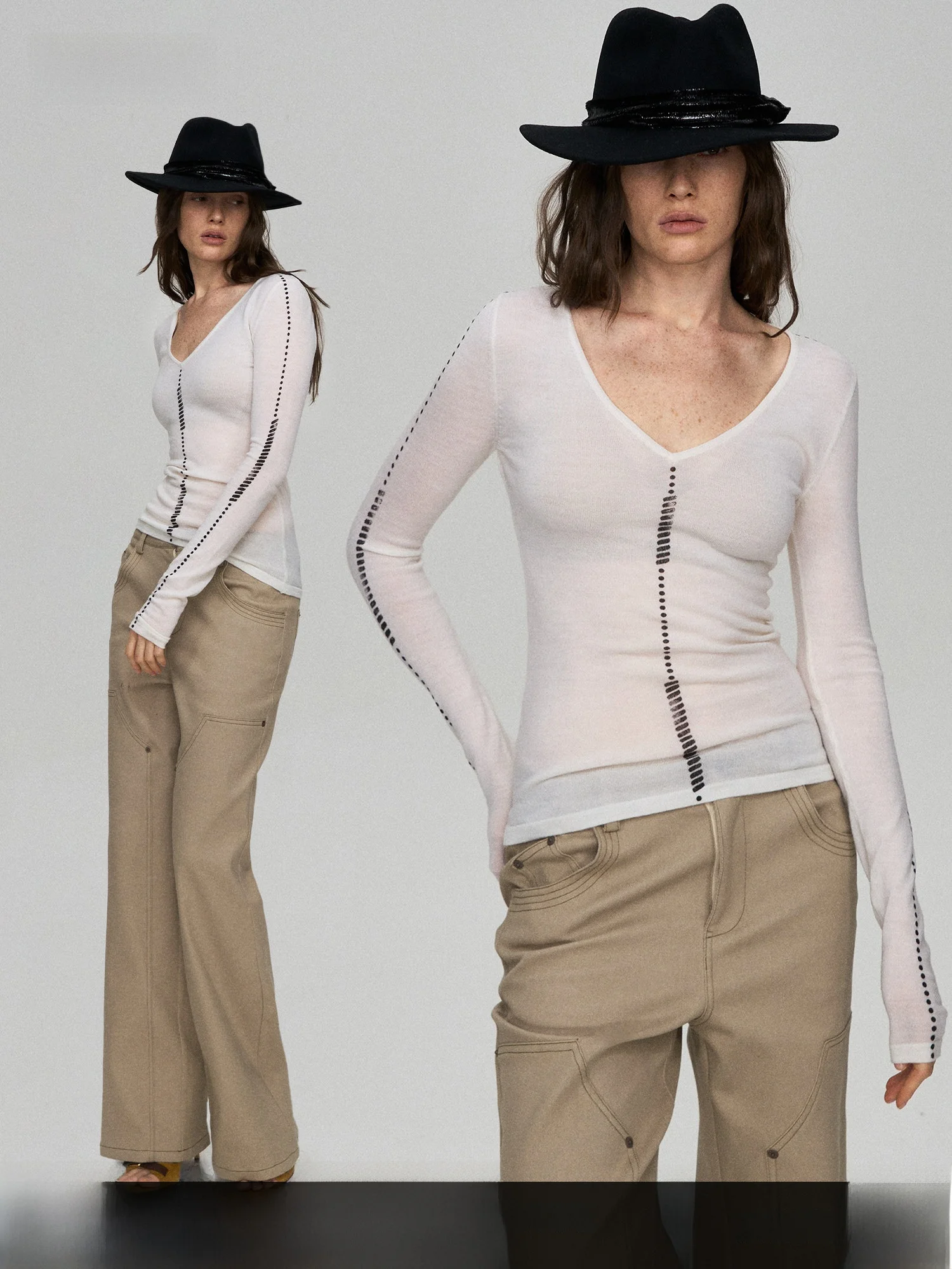 

PRRP 00 Wool Long Sve Printed Base irt Slim Fit Faionable Tattoo Line Micro Transparency Women's Knitted Top