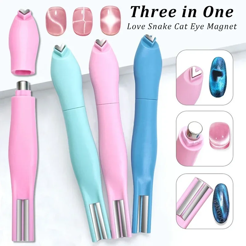 3-In-1 Heart Shape Cat Eye Nail Art Magnet Double Line Moon Snake French Magnet Pen for Magnetic Gel Nail Polish Manicure Tools