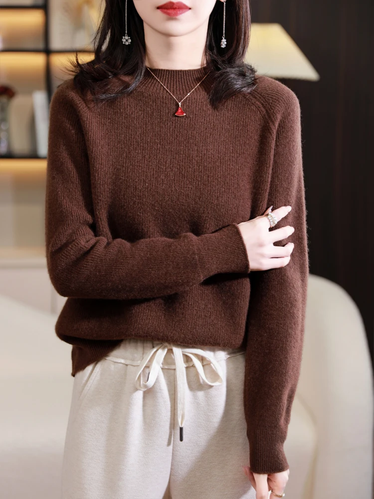 

ADDONEE Autumn Winter Women Cashmere Sweater O-neck Pullover Raglan Sleeve Basic Casual Loose Clothing 100% Merino Wool Knitwear