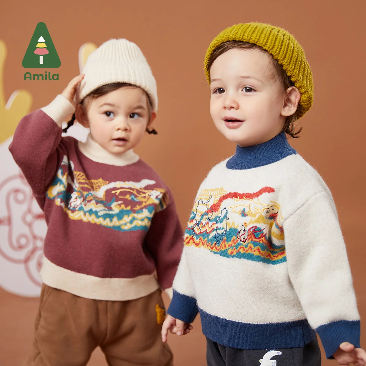 Amila Baby Sweaters 2024 Winter New Boys And Girls  Round Neck Pullover Culture Creative Pattern Clothing Fashion Casual Sweater