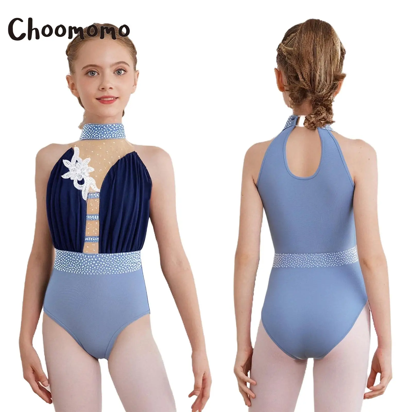 

Girls Gymnastics Ballet Dance Leotard Sleeveless Sheer Mesh Applique Rhinestones Figure Ice Skating Bodysuit Lyrical Costumes