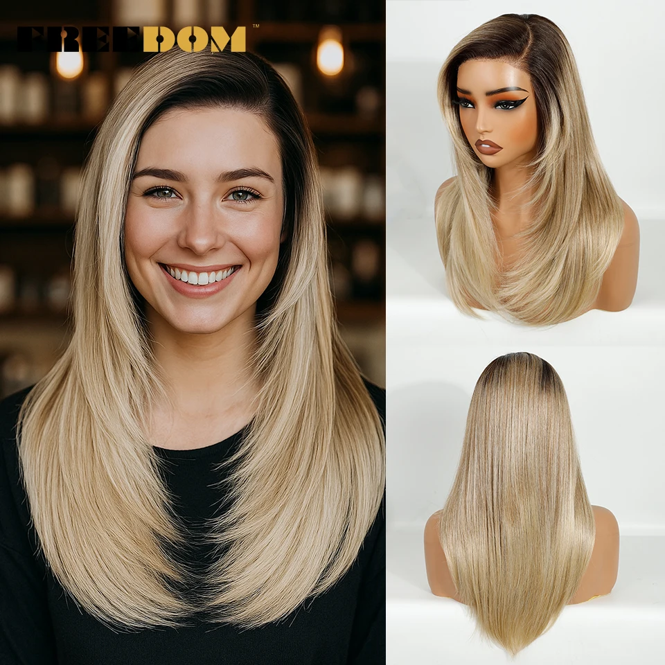 FREEDOM Synthetic Lace Wigs For Women 18 Inch Side Part Pre Plucked Straight Layered Lace Wig Ombre Brown Blonde Cosplay Wig
