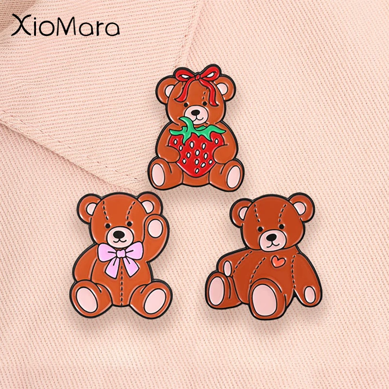 Cartoon Teddy Bear Enamel Badge Kawaii Stitched Doll Bow Strawberry Cartoon Animal Pins Lapel Bags Hat Decor Brooch Jewelry Gift