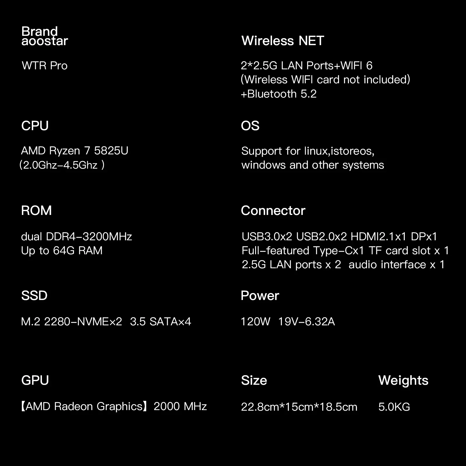 Mini PC AOOSTAR con 4 alloggiamenti Nas WTR PRO, AMD Ryzen 7 5825u, supporta HDD 2,5/3,5" * 4, SSD NVME * 1