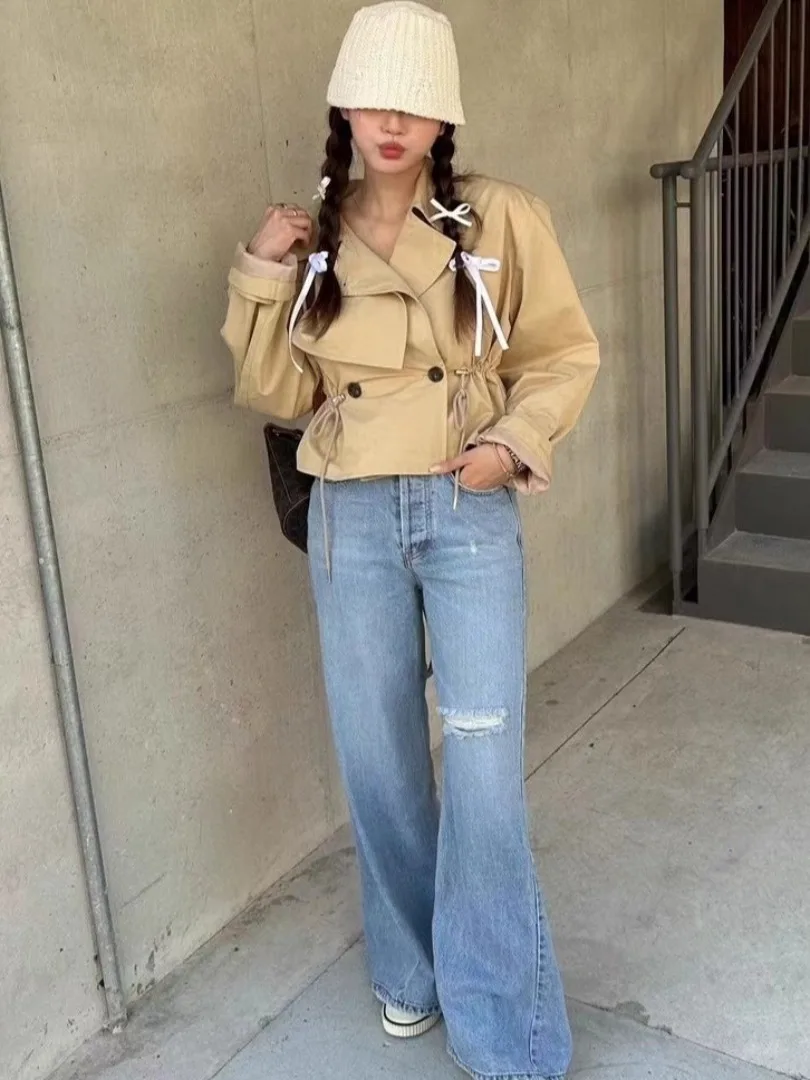 

Dongda Gate женское пальто тюре с завязкой на талии и воротником-стойкой, двубортная свободная утягивающая ветровка, верхняя одежда