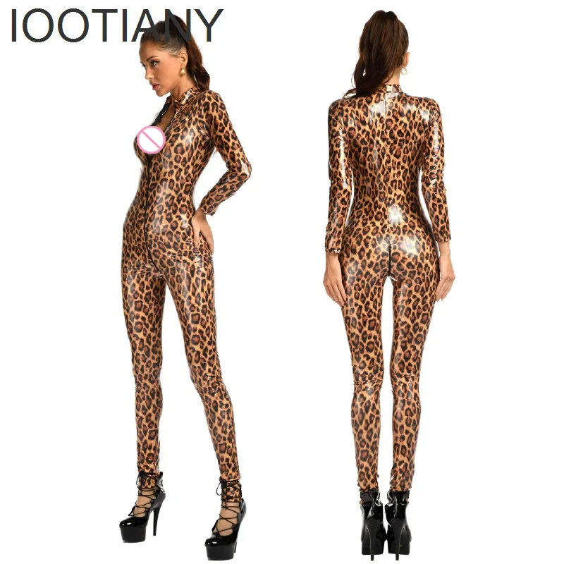 IOOTIANY Sexy Leopard Bodysuit Wet Look Faux Leather Catsuit Hot Erotic Women Zipper Open Crotch Jumpsuit Mistress Sex Costumes