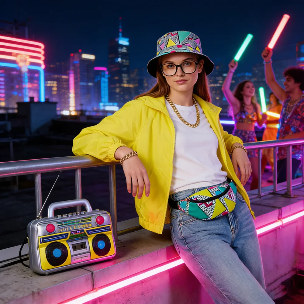 

90s retro pop culture clothing set:bucket hat waist bag boombox props jewelry the best choice for retro-themed party accessories