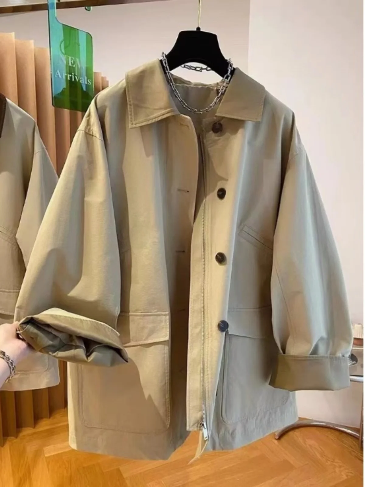 Plus Size Plus Size Khaki Mid Length Long Length Parka Trench Coat for Women Spring Plus Size Ladies Loose Fancy Popular Hot-...