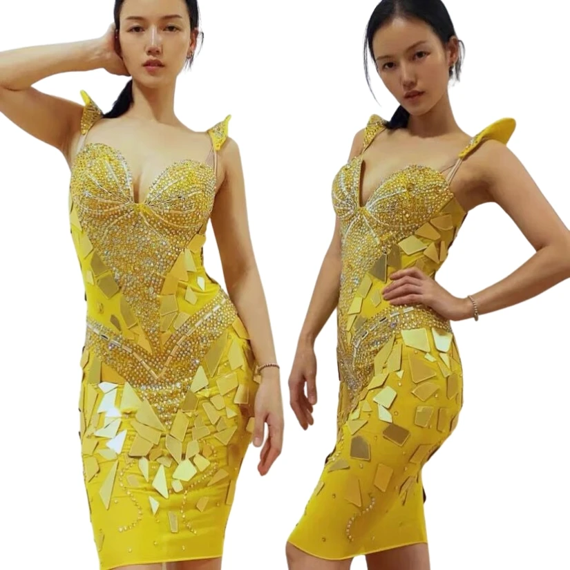 Sexy gouden spiegeljurk voor dames, Halloween cosplay kostuum lovertjes avondjurk, glanzende podiumvoorstelling feestjurk
