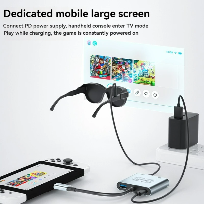 USB C 4in1 Hub Dual AR Glasses Charging Adapter 4K@60Hz USB3.0 PD100W Compatible for Iphone Rokid/Xreal Glasses Portable Monitor