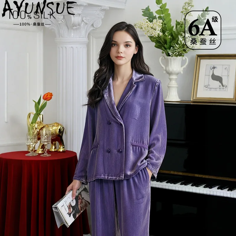 AYUNSUE 19MM 100% Mulberry Silk Pajama Set Silk Velvet Elegant Sleepwear Women's Home Clothes Autumn Winter Sets Womens Outfits