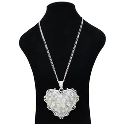 1 x Tibetan Silver Large Rhinestone Decorative Pattern Heart Pendant Necklace Jewelry on Long Link Chain Lagenlook 34