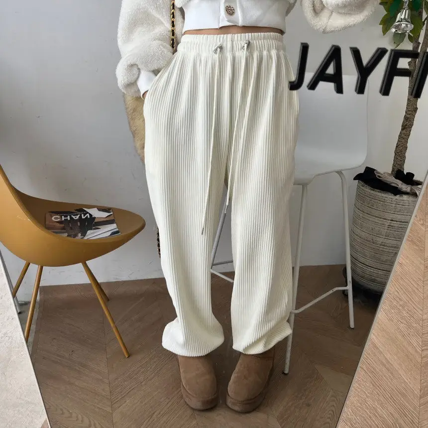 

Женские повседневные брюки Dongdaemun с эластичной резинкой на талии и вертикальными полосками, бархатные длинные брюки, весенняя новинка