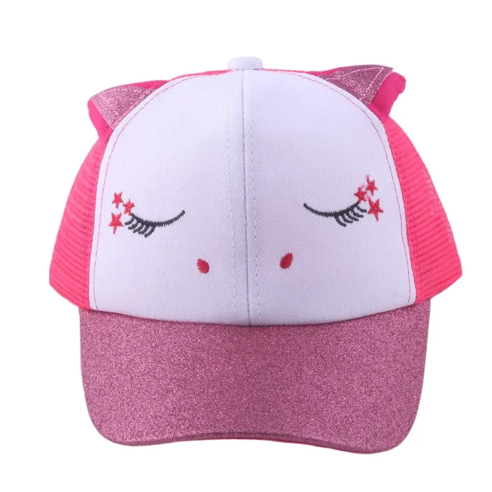 Kids Baseball Cap for Girl Cute Mesh Snapback Cap with Ears Pink White Trucker Hat Glitter Brim 2 To 8 Years Head 54cm