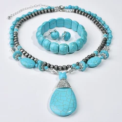 Vintage Round Beads Synthetic Turquoise Necklace Bracelet Earrings Set Women's Classic Trendy Holiday Handmade Jewelry