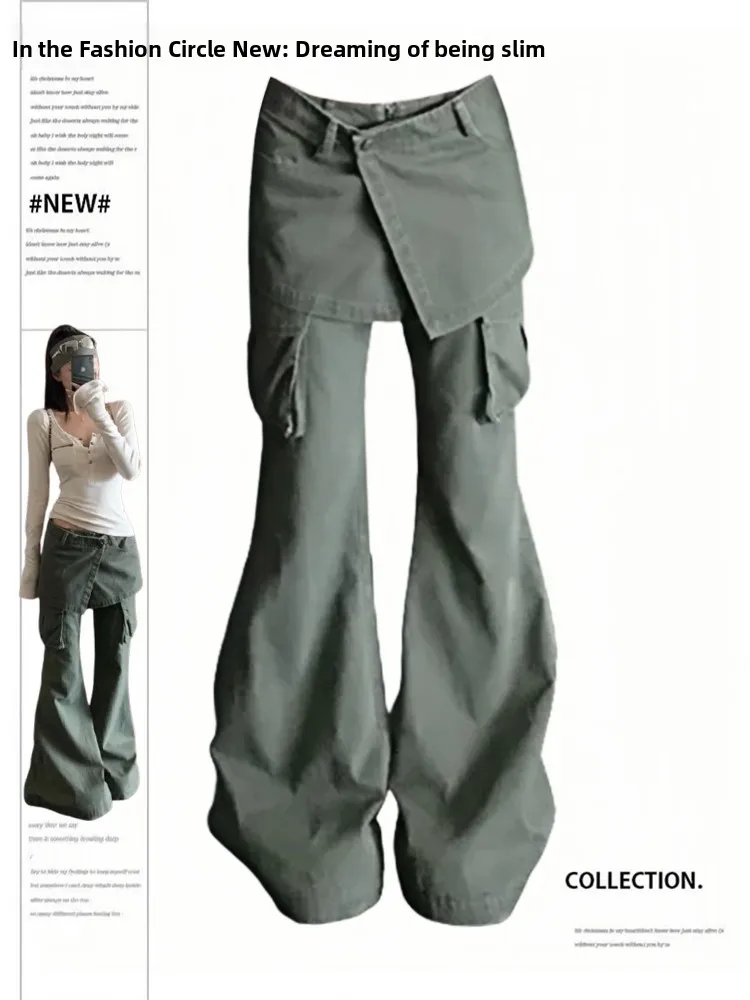 Retro Large Size Work Pants Women's Street Style Spring 2025 Jeans High Waist Long Trousers with Big Pockets Layered Wear