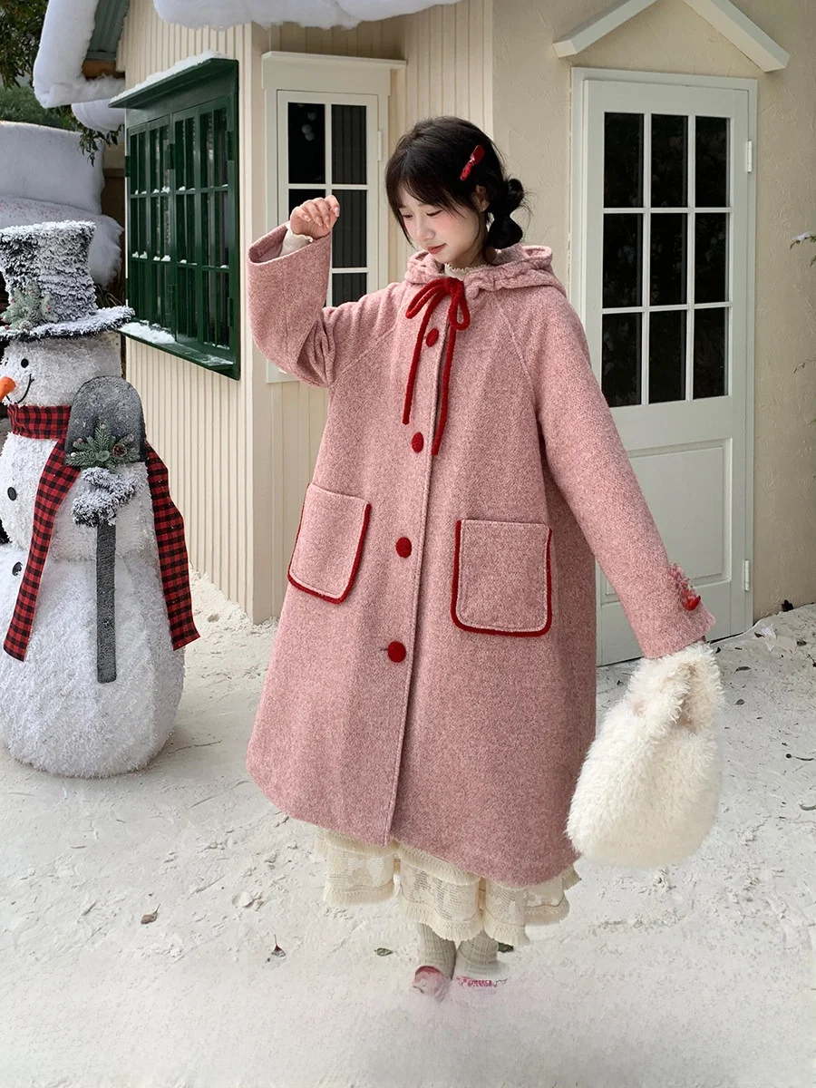 

Женское зимнее теплое шерстяное пальто в стиле ретро с капюшоном, свободного кроя, с бантом, тщательно продуманный дизайн, утепленное, с длинными рукавами, средней длины