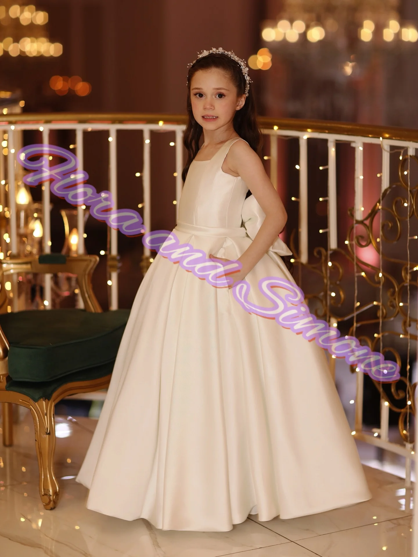 Custom Satin Flower Girl Dress Wedding Party Dresses for Kids Bow Simple Birthday Long Dress Floor Length First Communion Dress