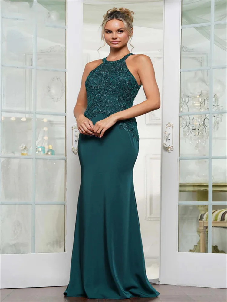 Customized Elegant Grosgrain Halter Neck Fit and Flare Dress Floor Length Evening Gown with Beaded Embroidery Design on Top