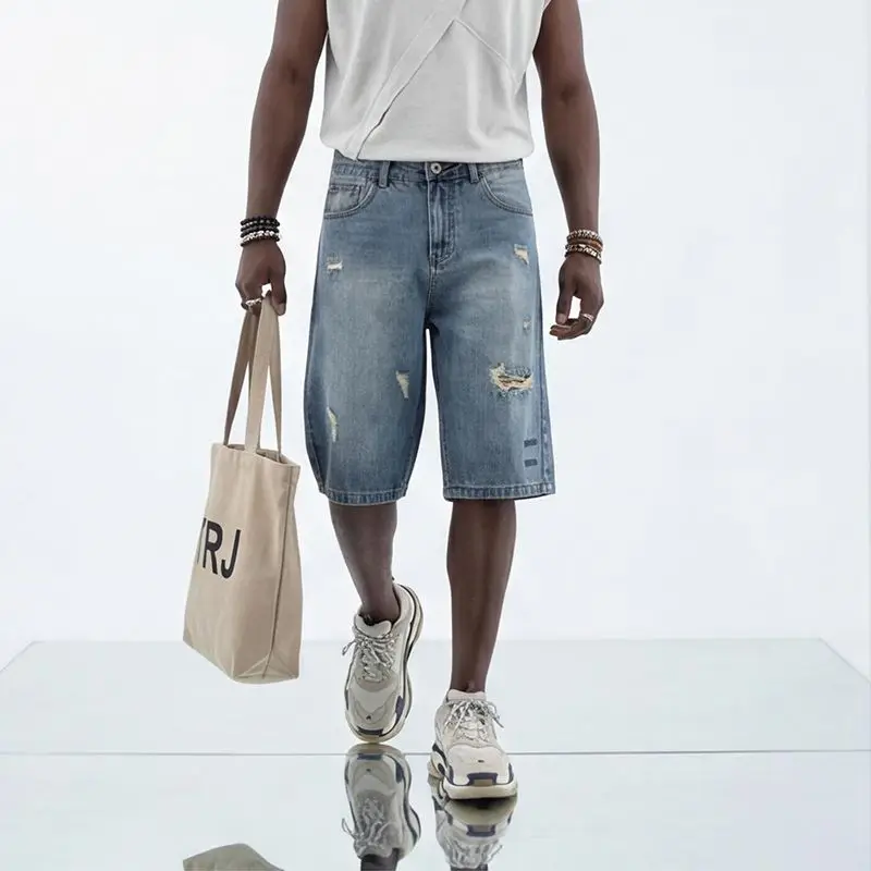 

Men's light blue ripped jeans trendy American loose straight leg non stretch casual shorts suitable for summer street wear