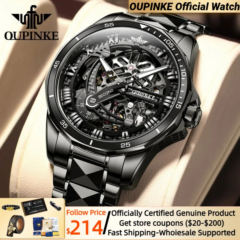 

OUPINKE Mechanical Watches Automatic Watch Men Sapphire Glass Skeleton Wristwatch Waterproof Tungsten Steel Watch for Men Belt