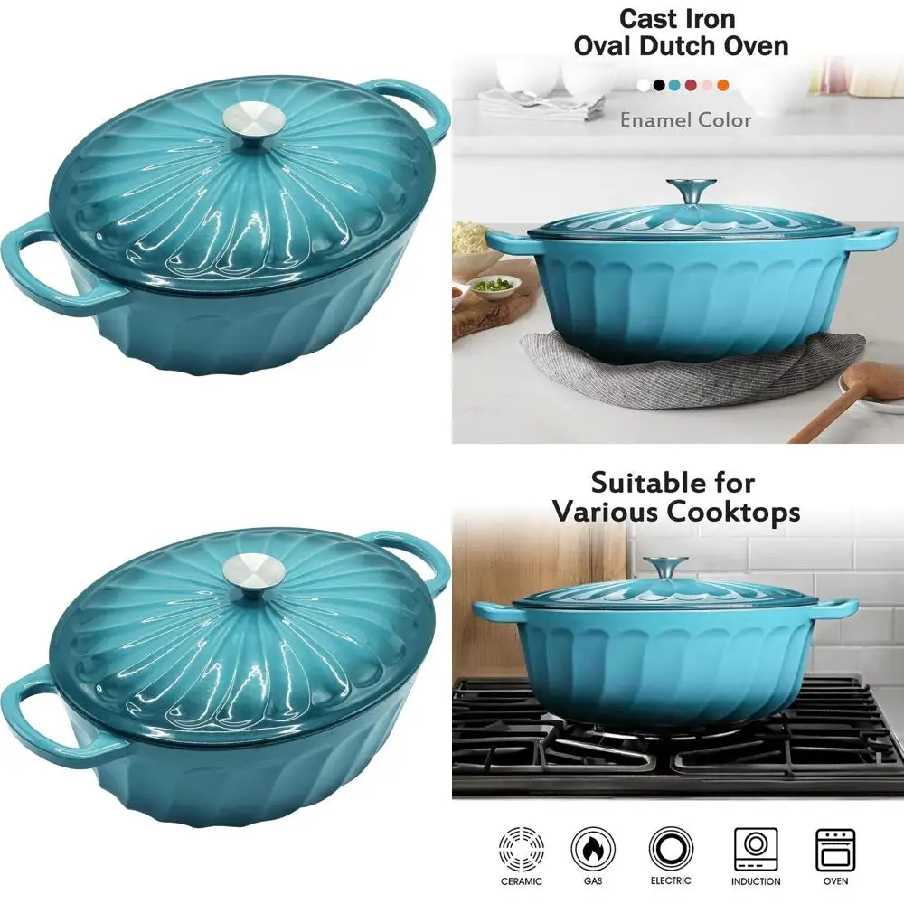 

7-Quart Blue-Green Enamel Cast Iron Dutch Oven with Lid and Dual Handles for Baking, Cooking, and Frying