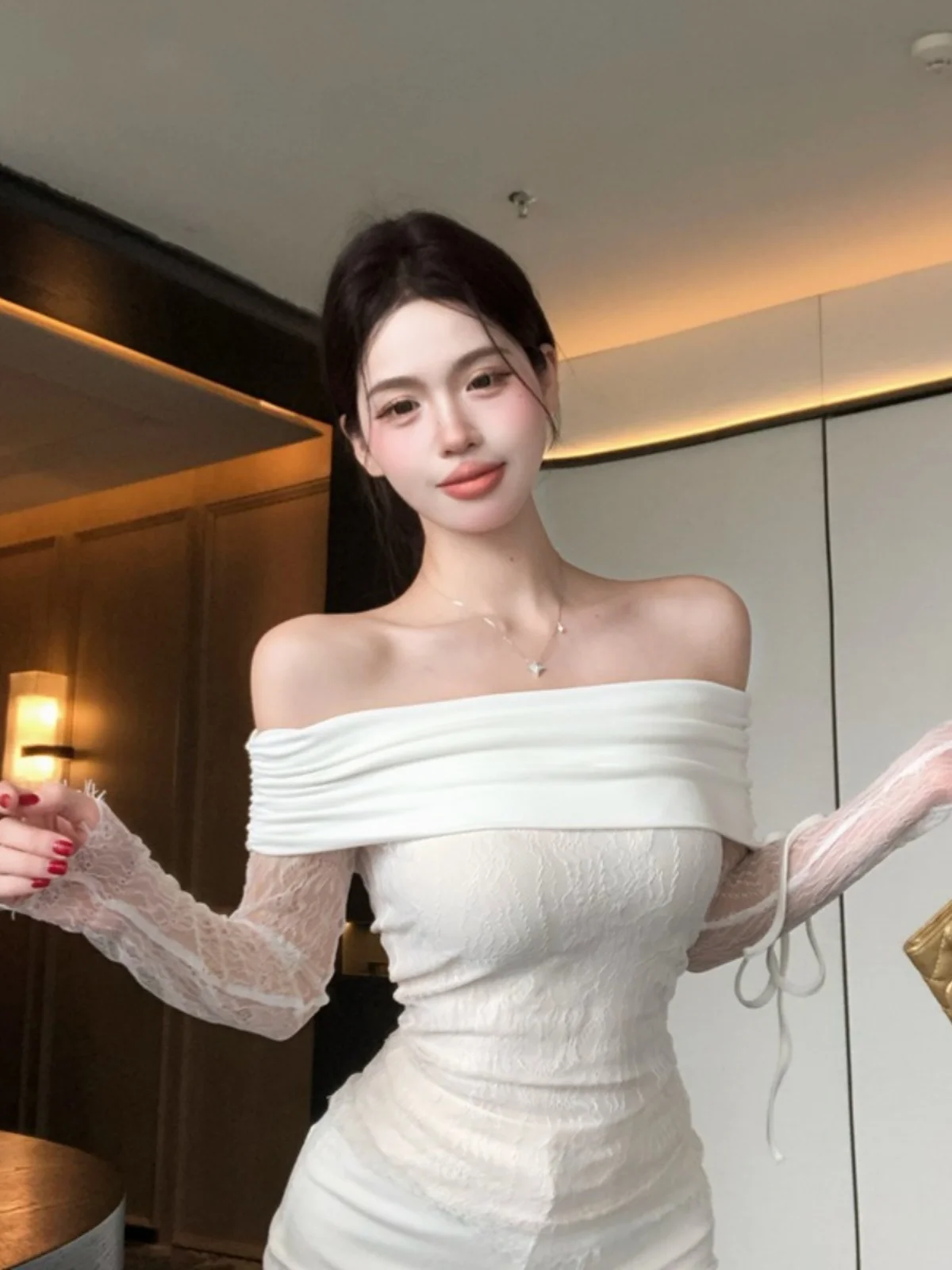 Zuivere Wol Kant Splice Baskische Taille Een schouder Lange Sve T-shirt Vrouwen Sexy Pittige Meisje Basis irt ort Lengte Ultra ort