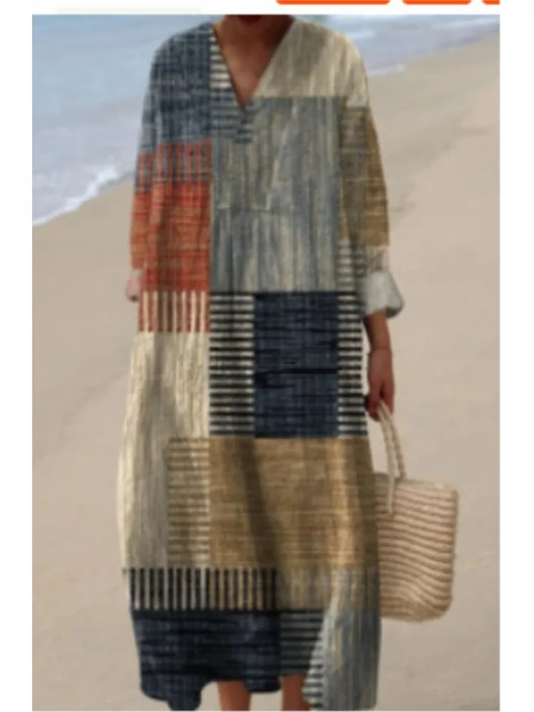 Women's Fashion Print Dress Casual V Neck Long Sleeve Loose Pullover Dresses For Women Boho Holiday Skirts Womens Clothing New