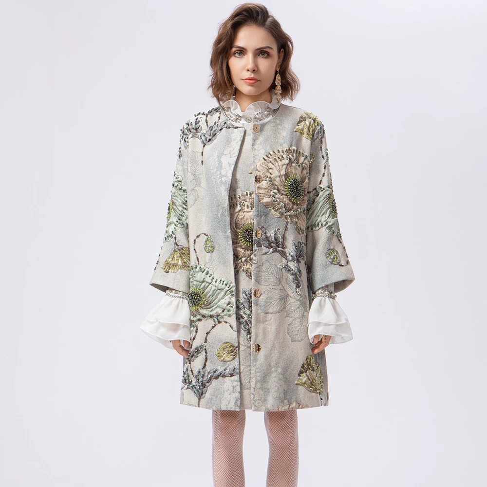 

Meyyithun 2025 Luxury Vintage Embroidery Jacket Women Floral Beading Long Coat Wide Waisted O-neck Outwear Trench 2/3 Sleeves