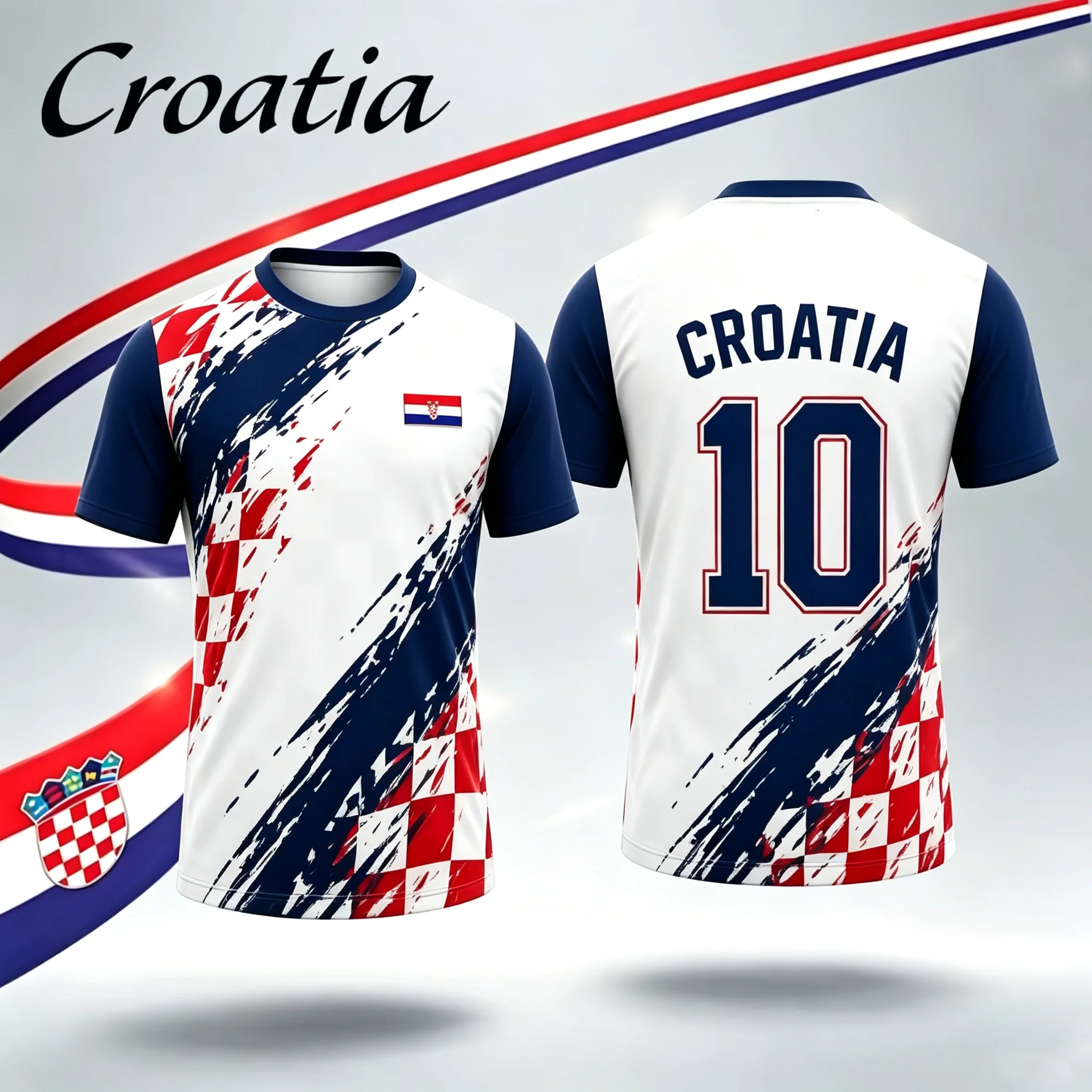 Croatia No.10 Fan Football Jersey, Men Quick Dry Breathable Short Sleeve Tee, Red White Checkered Flag Print Sport Supporter Top view 3