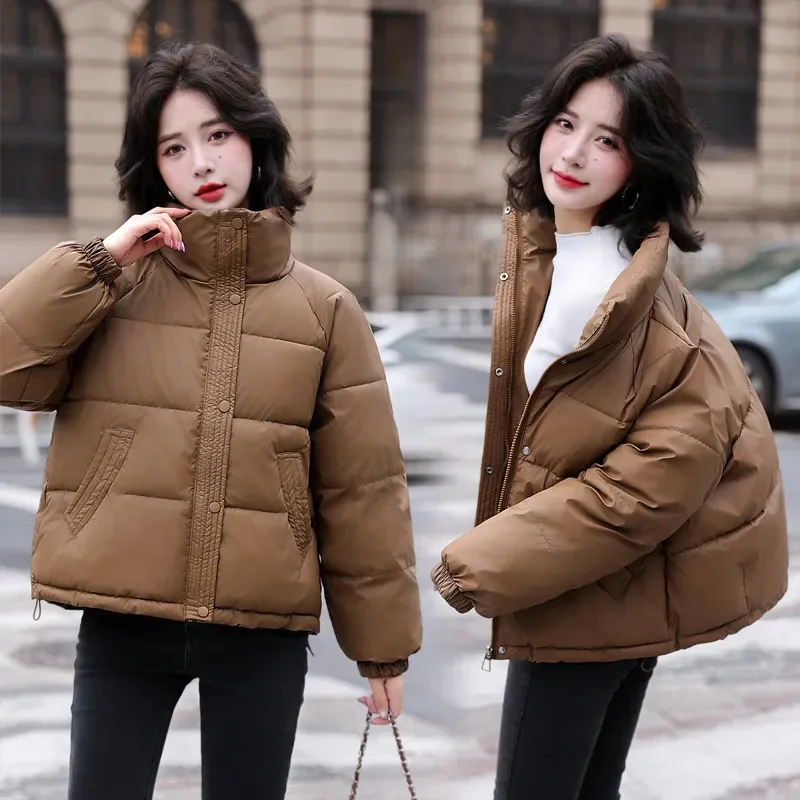 2024 New Winter Warm Short Parkas Women Fashion Crop Puffer Jacket Female Loose Streetwear Zipper Long Sleeve Down Coats