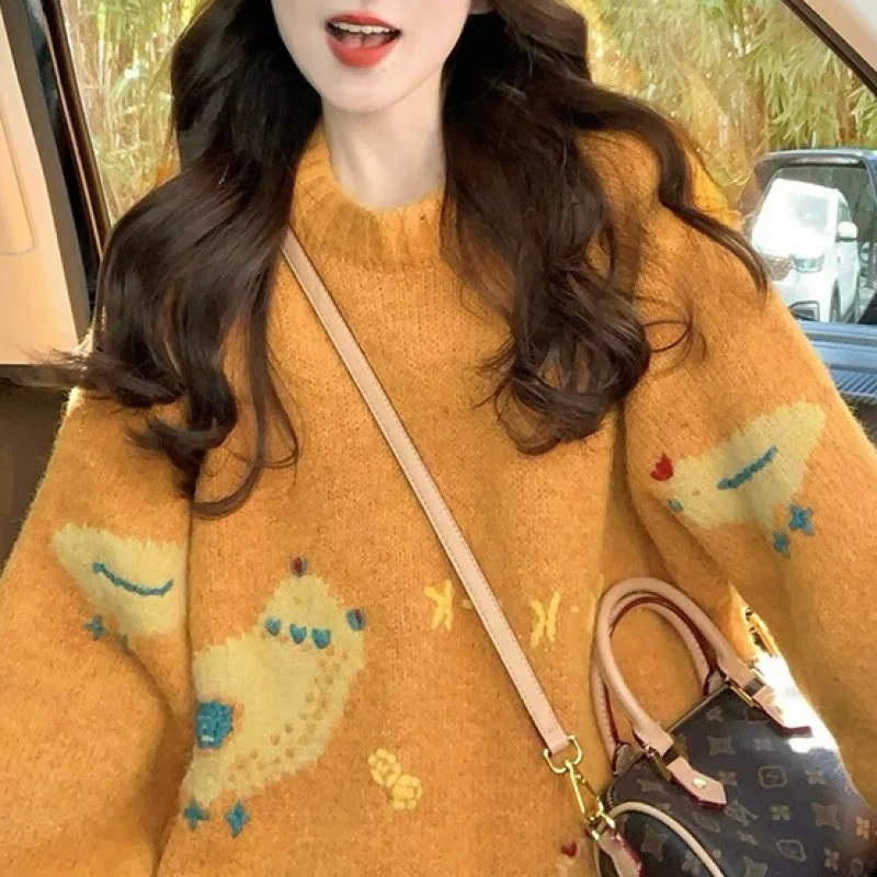 

Оранжевые утолщенные свободные пуловеры в корейском стиле с принтом из мультфильма, осенне-зимние свитера на День Благодарения, уютные повседневные женские вязаные топы