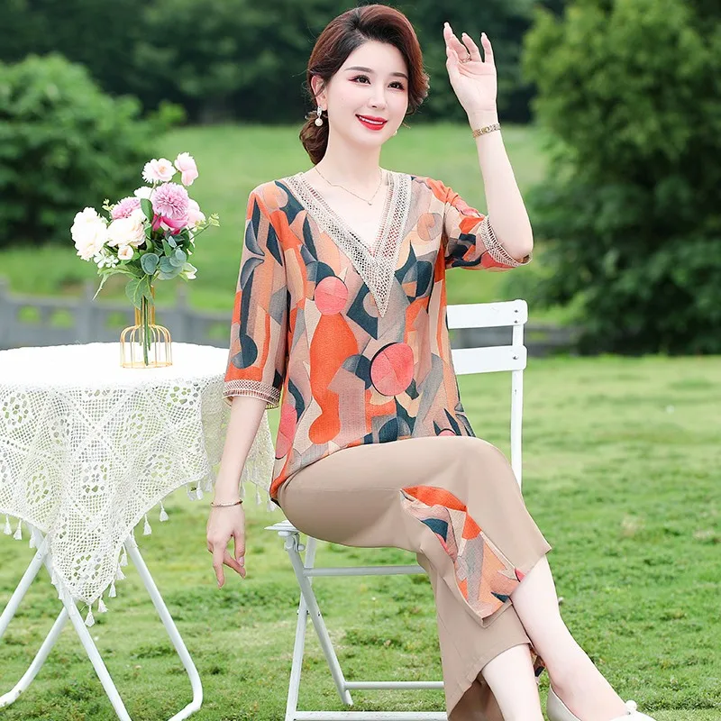 Women Suits Stylish Comfortable 2pcs/set Printing V Neck Suits for Middle-aged Casual with Minimalistic Charm Elderly Women Suit