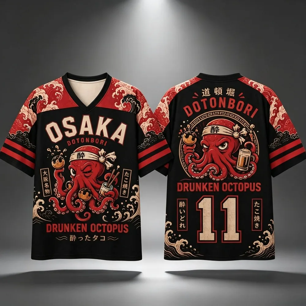 Osaka Drunken Octopus Takoyaki Print Men T-Shirt V Neck Striped Sleeve Breathable Street Fashion Jersey Top