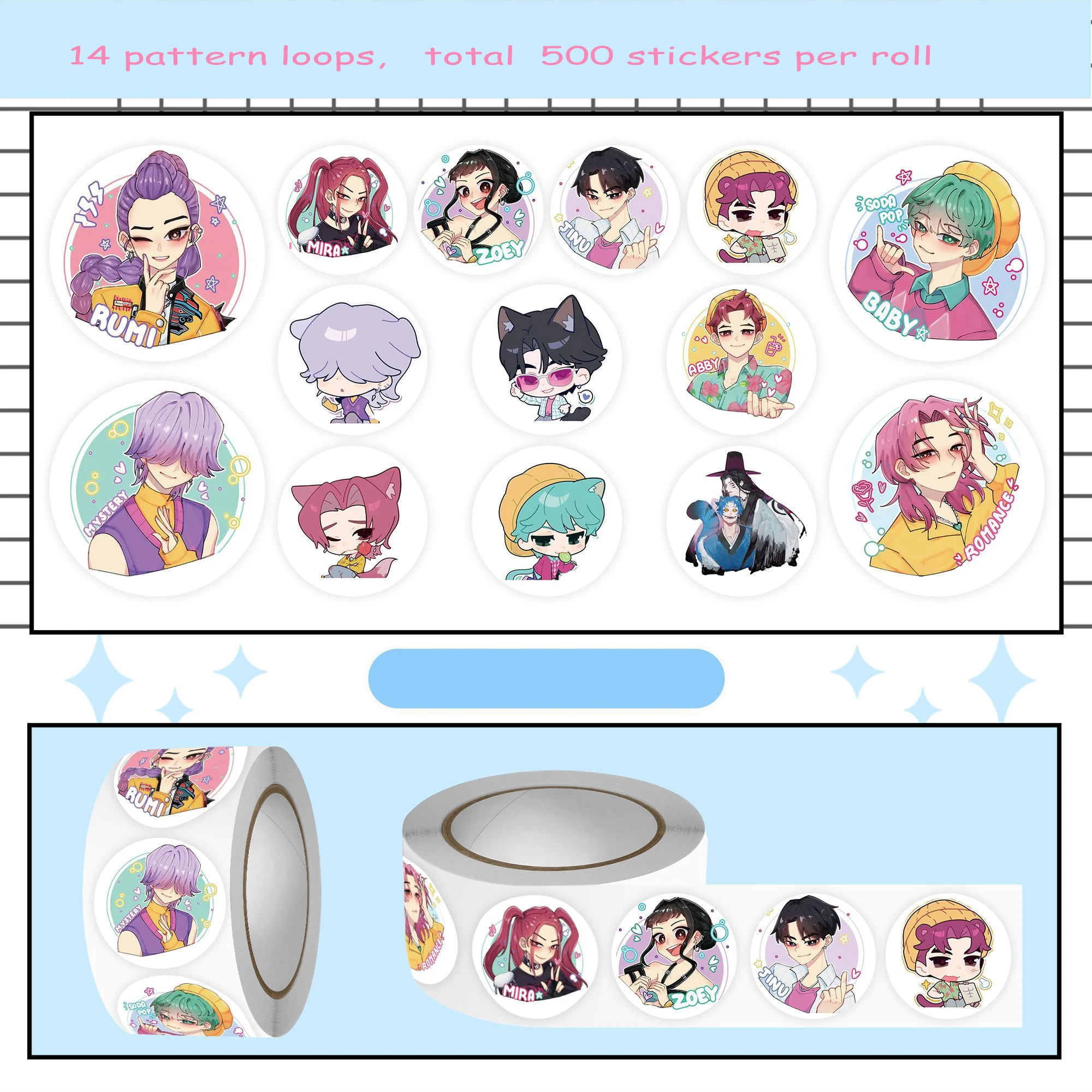 500Pcs/Roll Anime KPop Demon Hunters Stickers Demon Hunters Tiger DIY Scrapbooking Phone Luggage Skateboard Waterproof