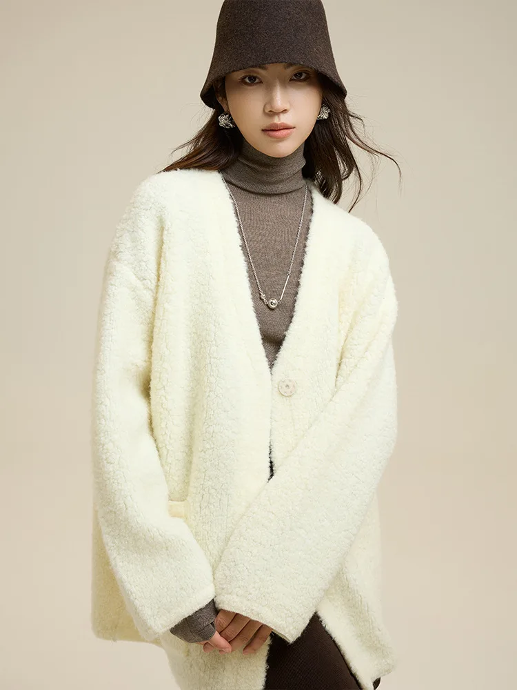 Winsleter-100%ウール エレガント セーターコート、Vネック ポケットボタン、レディースファッション 多用途 厚手カーディガン、2025年秋 C5N448CC