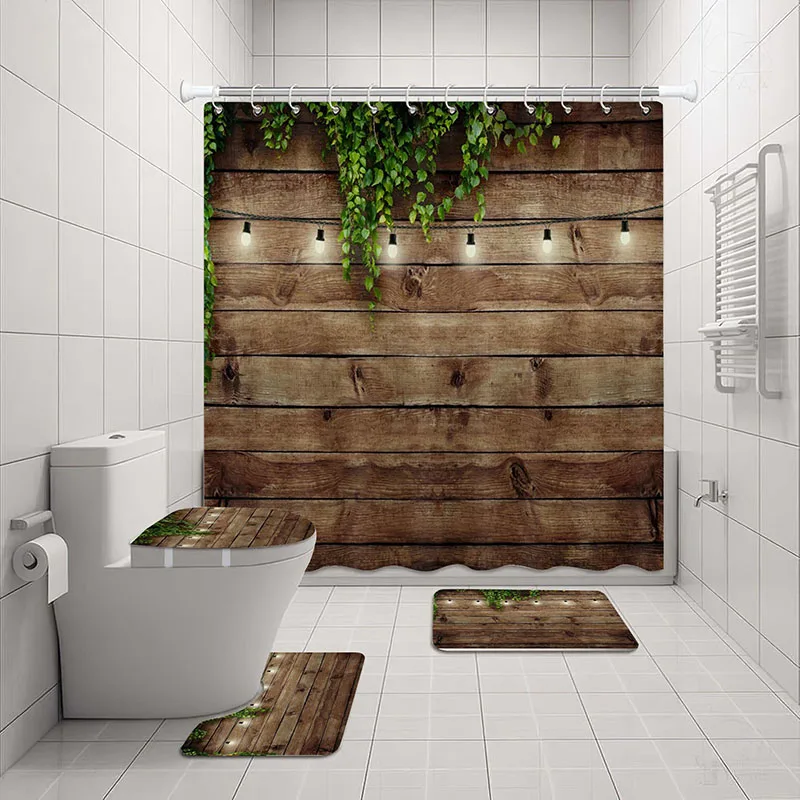 Vintage Rustic Wooden Board Door Shower Curtain, Green Leaves On Farmhouse Country Wood Plank, Waterproof Polyester Fabric